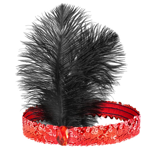 Ett elegant rött hårband för maskerad täckt av paljetter med en gnistrande röd sten och stora svarta fjädrar upptill.