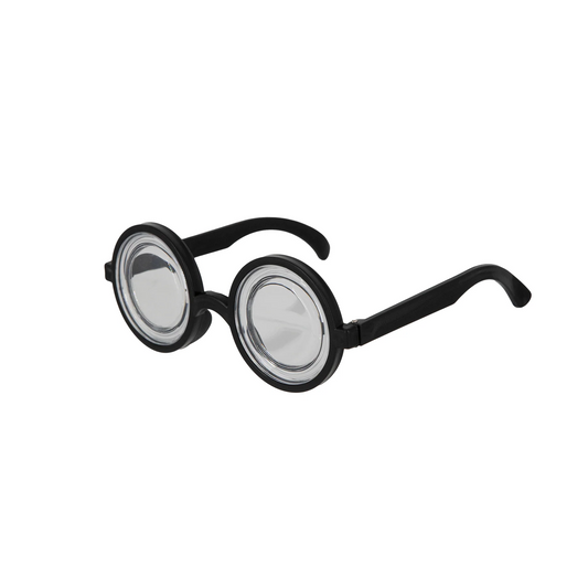 Nördglasögon med svarta runda bågar och klara plastglas visas från sidan mot vit bakgrund.
