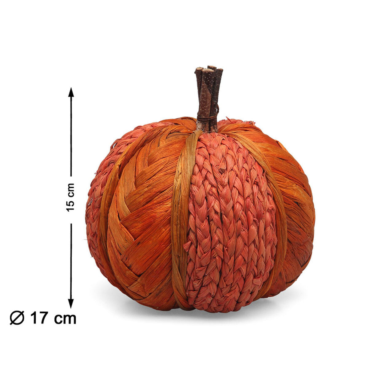 Den orangea stråpumpan visas bredvid sina mått, 15 cm på höjden och 17 cm i diameter.