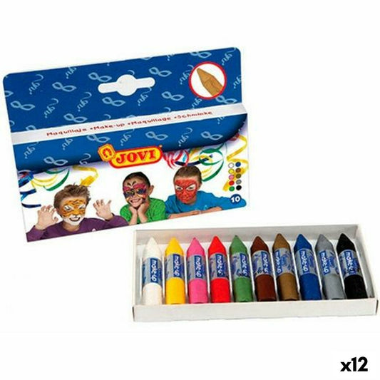 Ett paket med tolv ansiktsfärgstift i krit-liknande format i olika färger, förpackade i en vit låda med ett blått omslag som visar barn med målade ansikten.