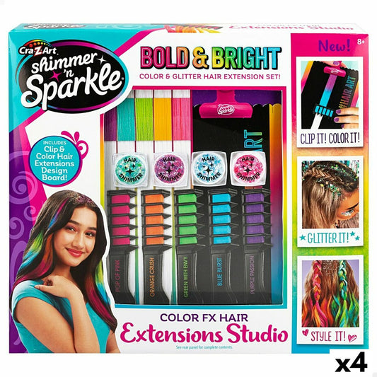 Förpackningen till ett hårstylingset som innehåller fyra färgglada löshårsförlängningar i rosa, orange, grönt och blått, tillsammans med glitter och ett appliceringsverktyg.