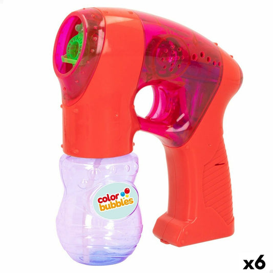 Närbild på en stor, orange och genomskinlig plastig tvålbubbelpistol med en lila vätskebehållare märkt 'color bubbles', ett paket med sex enheter.