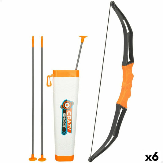 Ett svart och orange bågskytte-set med en båge, tre gråa pilar med orangea sugproppar, och en vit och orange behållare märkt "CRAZY SHOOT". Produkten anges vara "x6".