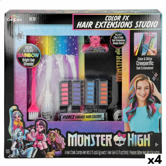Förpackning till Monster High Color FX Hair Extensions Studio som innehåller hårkritor, glitter och gel för att skapa färgglada slingor.