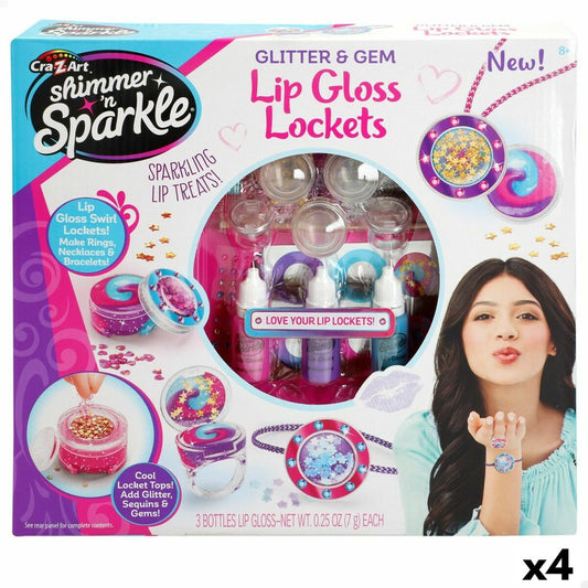Förpackning till ett barnsminkset från Cra-Z-Art med titeln 'Shimmer 'n Sparkle Glitter & Gem Lip Gloss Lockets', som visar olika locketar fyllda med glitter som kan bäras som ringar eller halsband.