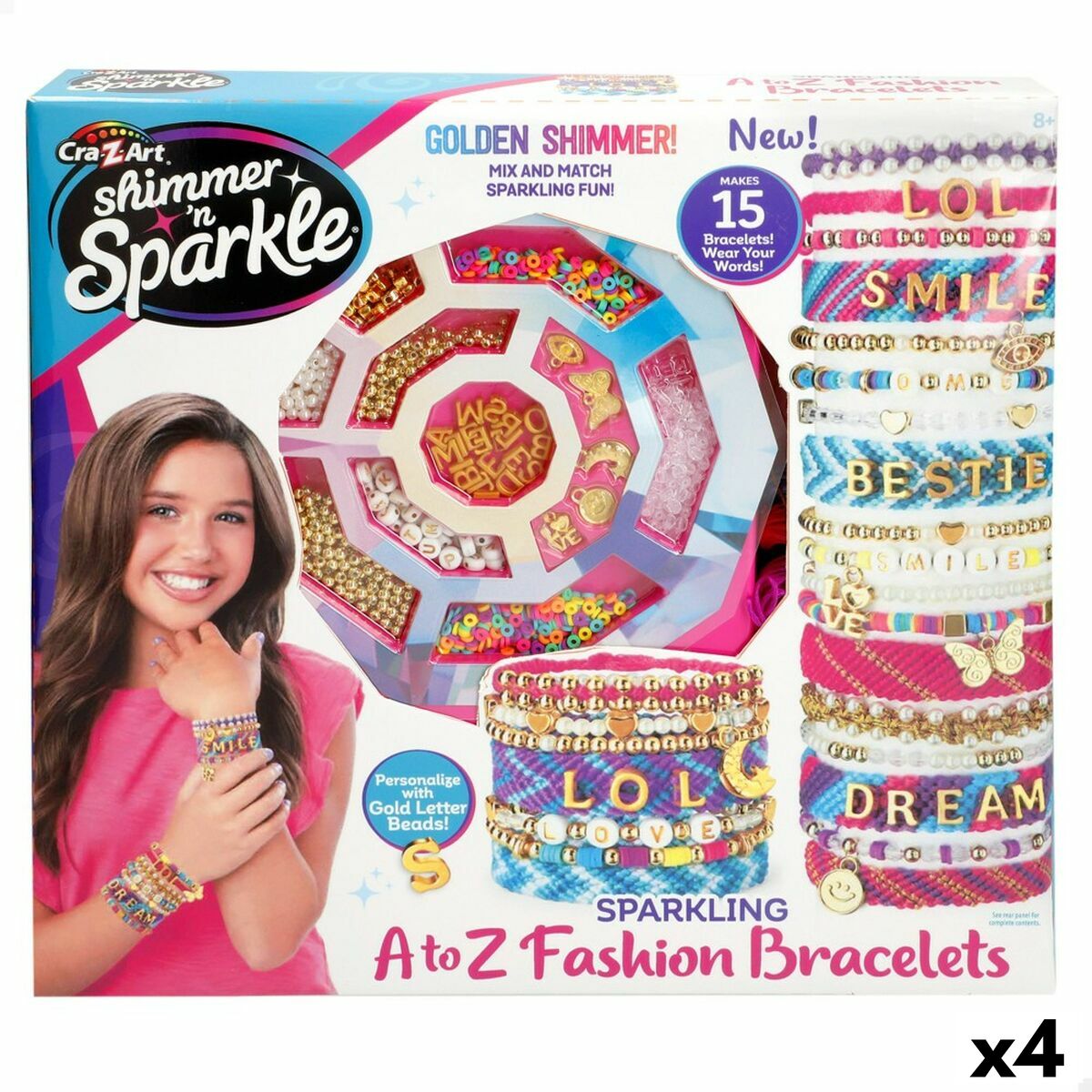 Förpackningen till ett Cra-Z-Art Shimmer 'n Sparkle A to Z Fashion Bracelets set som visar pärlor, guldiga bokstavsberlocker och färdiga, färgglada, personliga armband.
