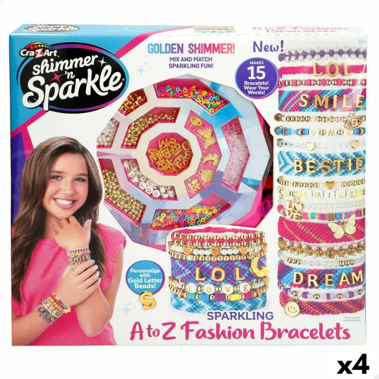 Förpackningen till ett Cra-Z-Art Shimmer 'n Sparkle A to Z Fashion Bracelets set som visar pärlor, guldiga bokstavsberlocker och färdiga, färgglada, personliga armband.