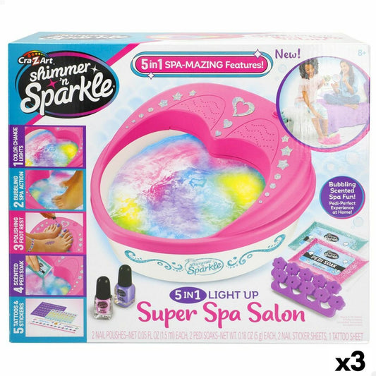 Förpackning till ett Cra-Z-Art Shimmer 'n Sparkle 5-i-1 ljusuppsatt pedikyrspa för barn, med rosa fotbad och tillbehör.