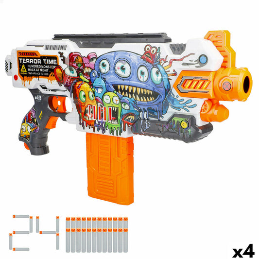 En vit och orange elektrisk leksakspistol med en färgglad och aggressiv design täckt av tecknade monster. Pistolen kommer med ett orange magasin och 24 stycken grå skumpilar.