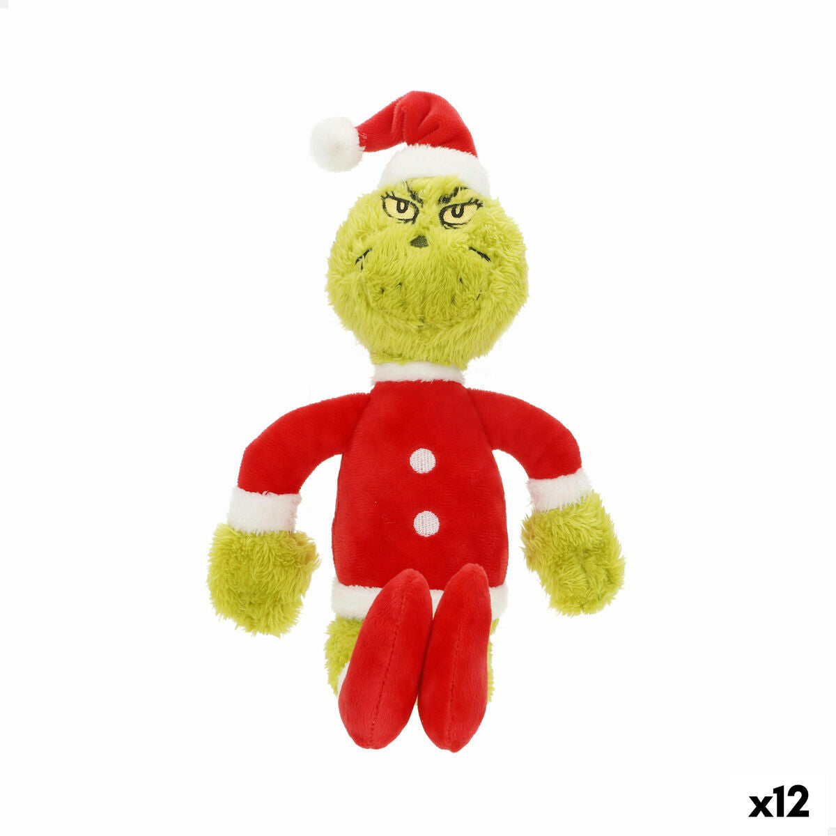 En mjuk leksak som föreställer den gröna karaktären Grinch, iklädd en röd tomtedräkt med vit pälskant och en tomteluva.