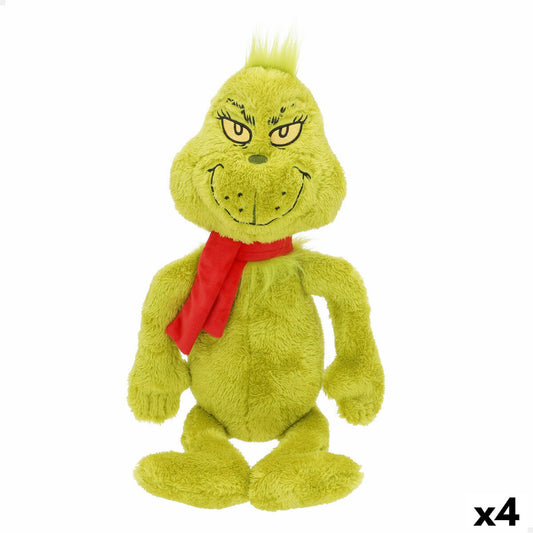 Fyra stycken mjuka, limegröna Grinch-plyschleksaker med röda halsdukar och busiga ansiktsuttryck mot vit bakgrund.