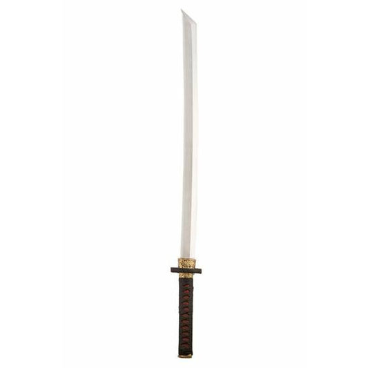 Ett långt och stilrent, men säkert, leksakssvärd i foam som liknar en japansk katana, med en lång silverfärgad klinga och ett elegant, mörkt lindat handtag.