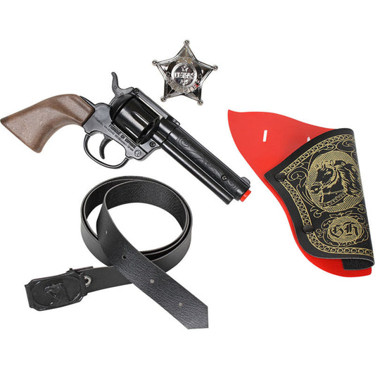 Ett vilda västern lekset med svart revolver, svart bälte, svart hölster med guldprägling, och en silverfärgad sheriffstjärna, presenterat mot en vit bakgrund.