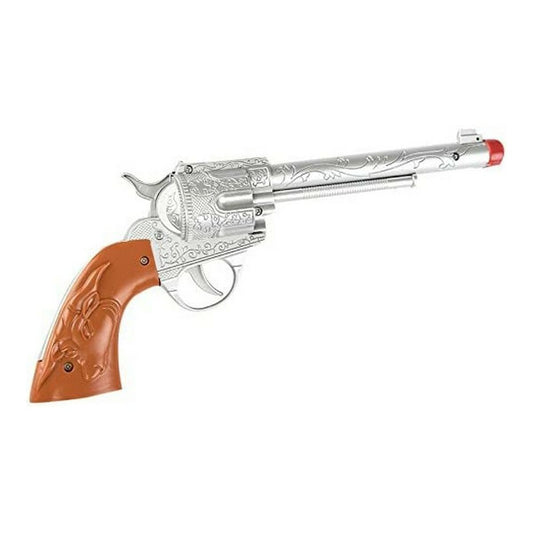 En detaljerad silverfärgad leksaksrevolver i plast med präglade mönster och brunt handtag, för barns cowboylek.