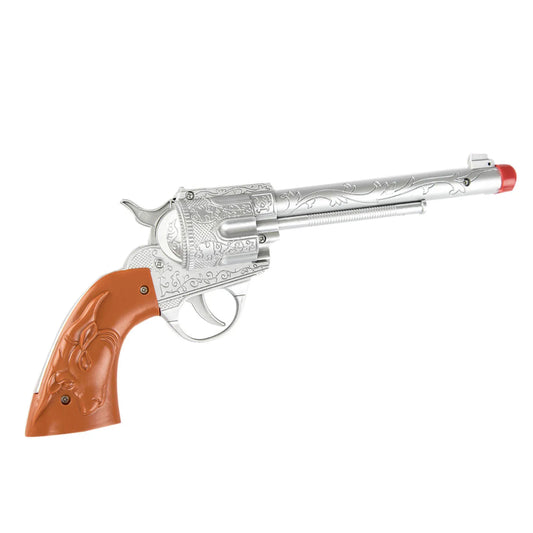 En detaljerad silverfärgad leksaksrevolver i plast med präglade mönster och brunt handtag, för cowboy- eller maskeradkostymer.
