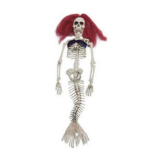 Skelett-sjöjungfru med rött hår och benig stjärt, cirka 40 cm lång, perfekt som Halloween- eller piratfestdekoration.