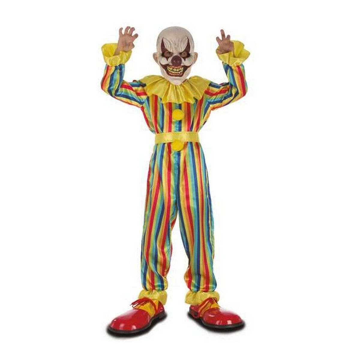 Ett barn klädd i en skrämmande och färgglad clowndräkt med en läskig clownmask, som håller upp händerna i en hotfull gest.