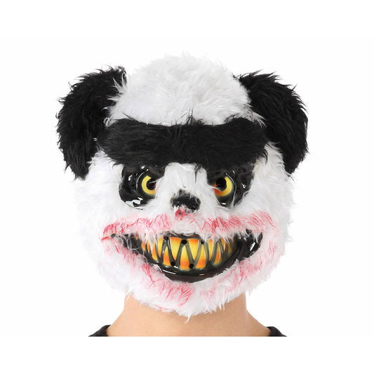 En person bär en skrämmande fluffig pandamask med blodigt leende och gula, stirrande ögon.