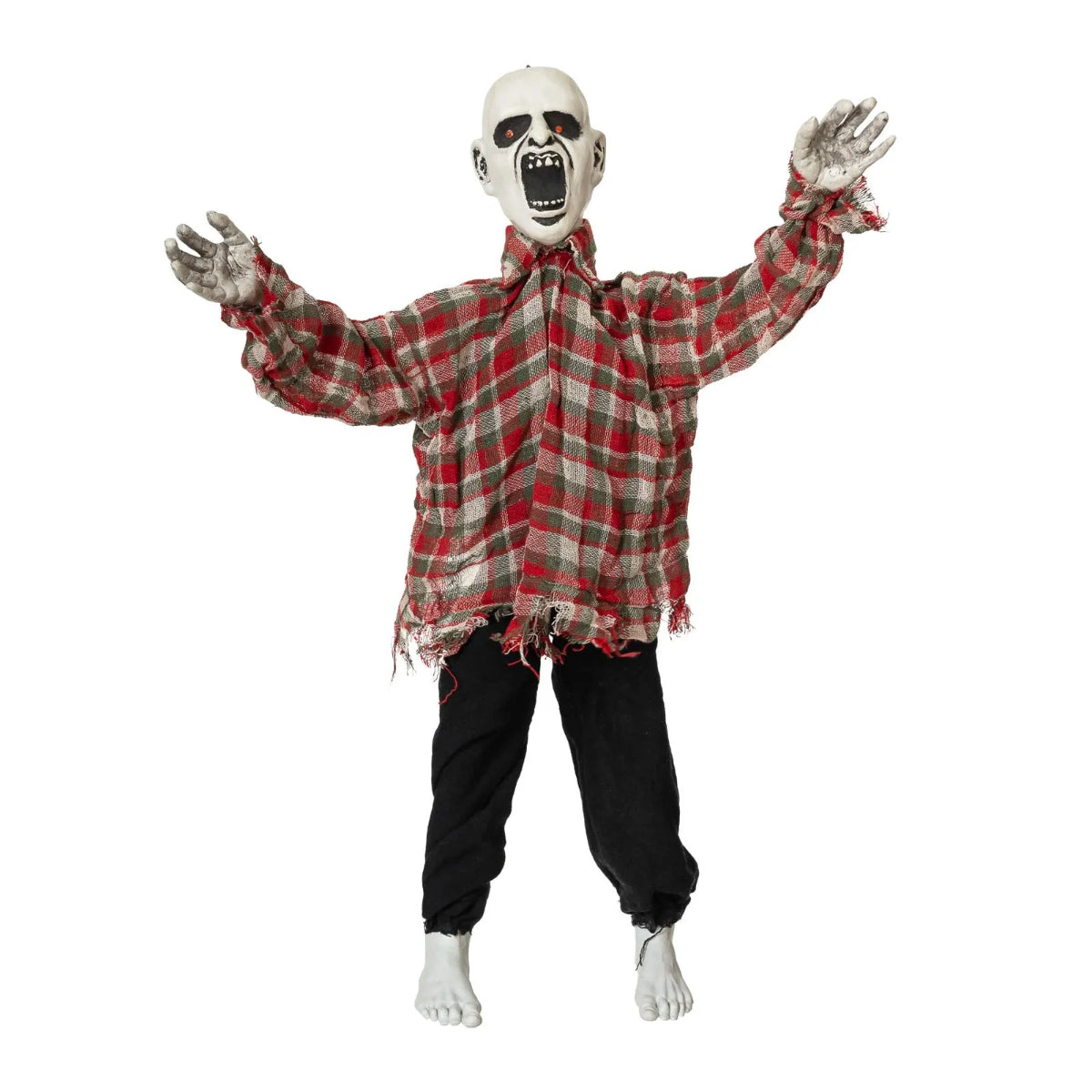 En hängande Halloweendekoration i form av en skrikande zombie med lysande röda ögon, klädd i en trasig, rutig skjorta.