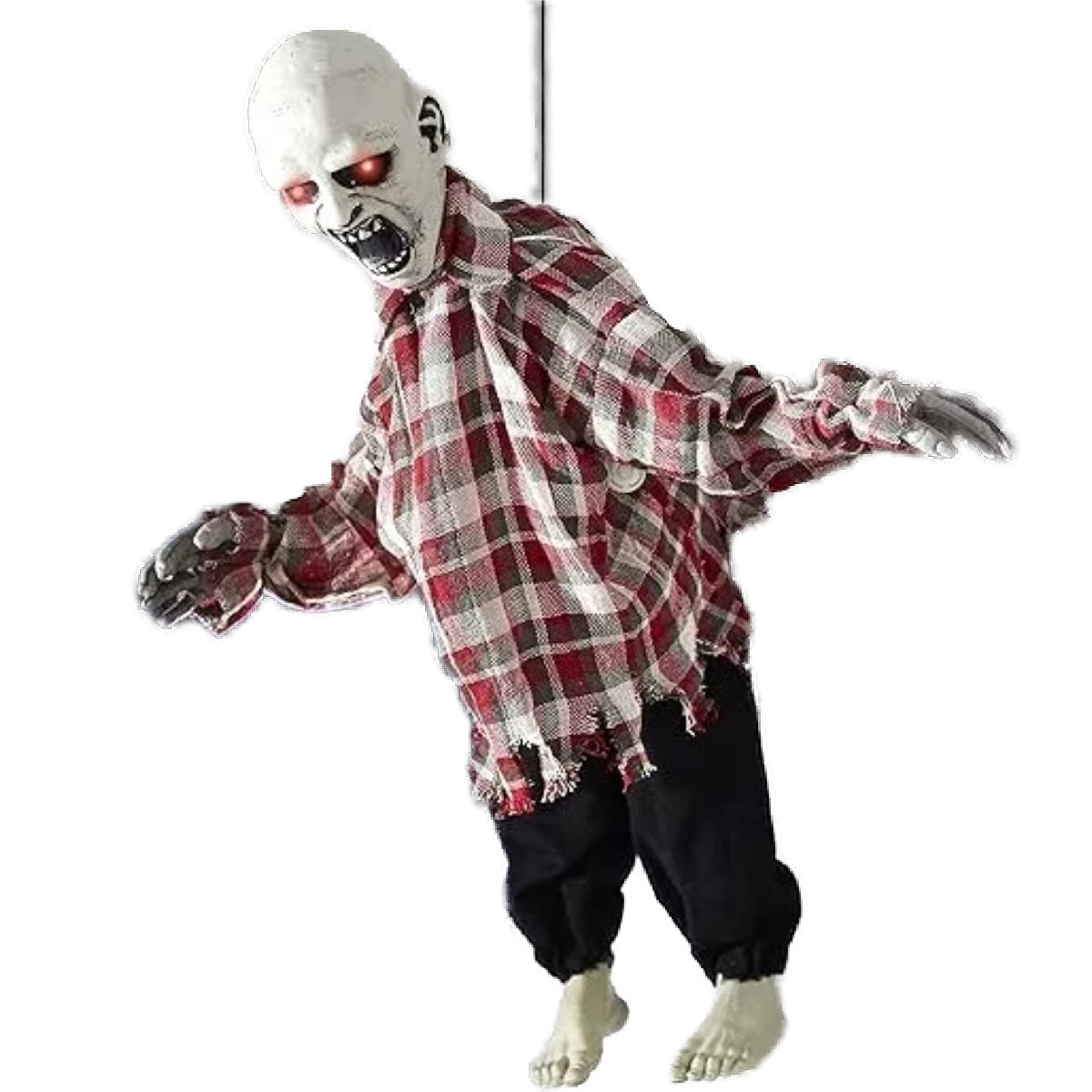Den hängande zombien är upphängd inomhus, mot vit bakgrund.