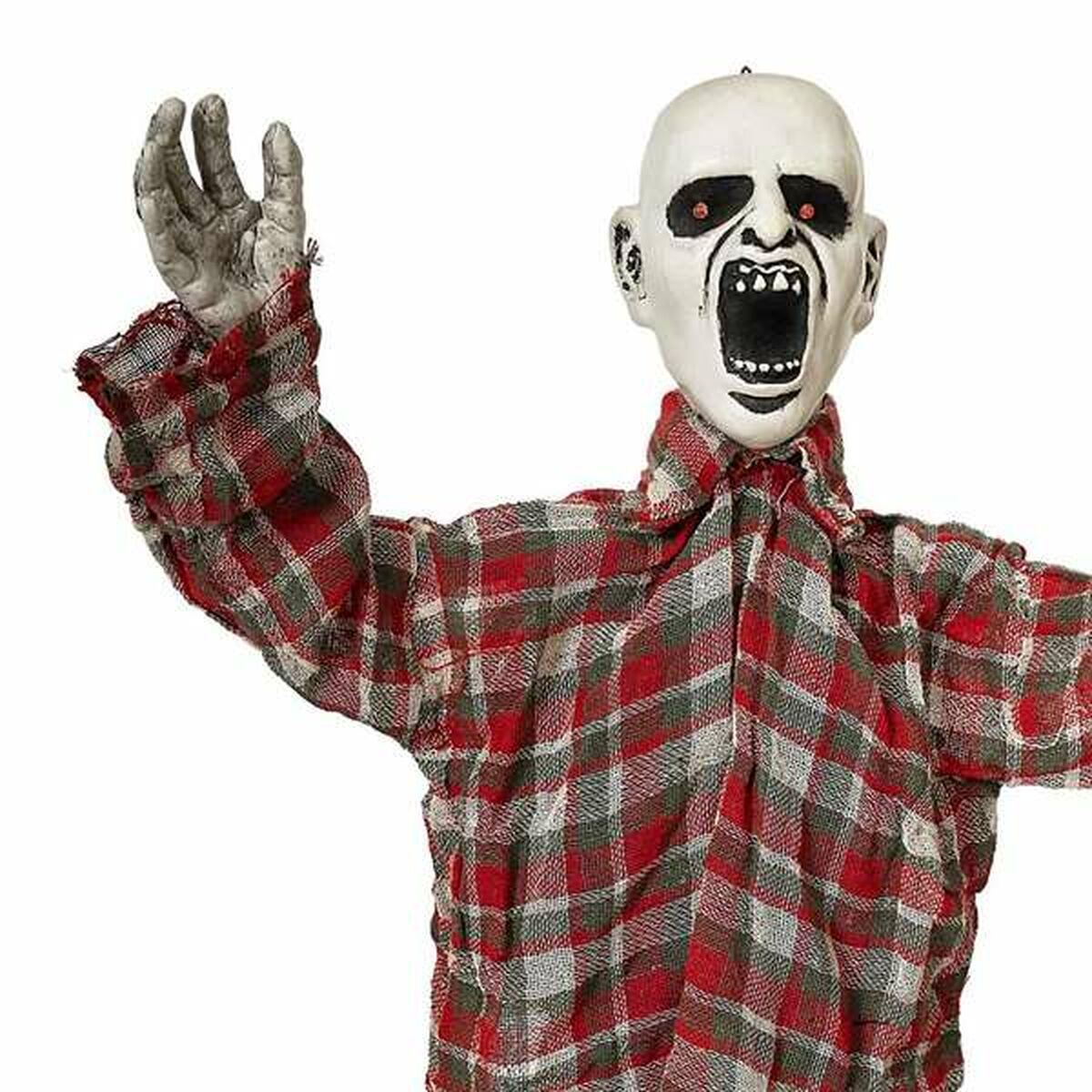 En närbild på den hängande zombiens ansikte, som visar de intensivt glödande röda ögonen och den vidöppna, skrikande munnen.