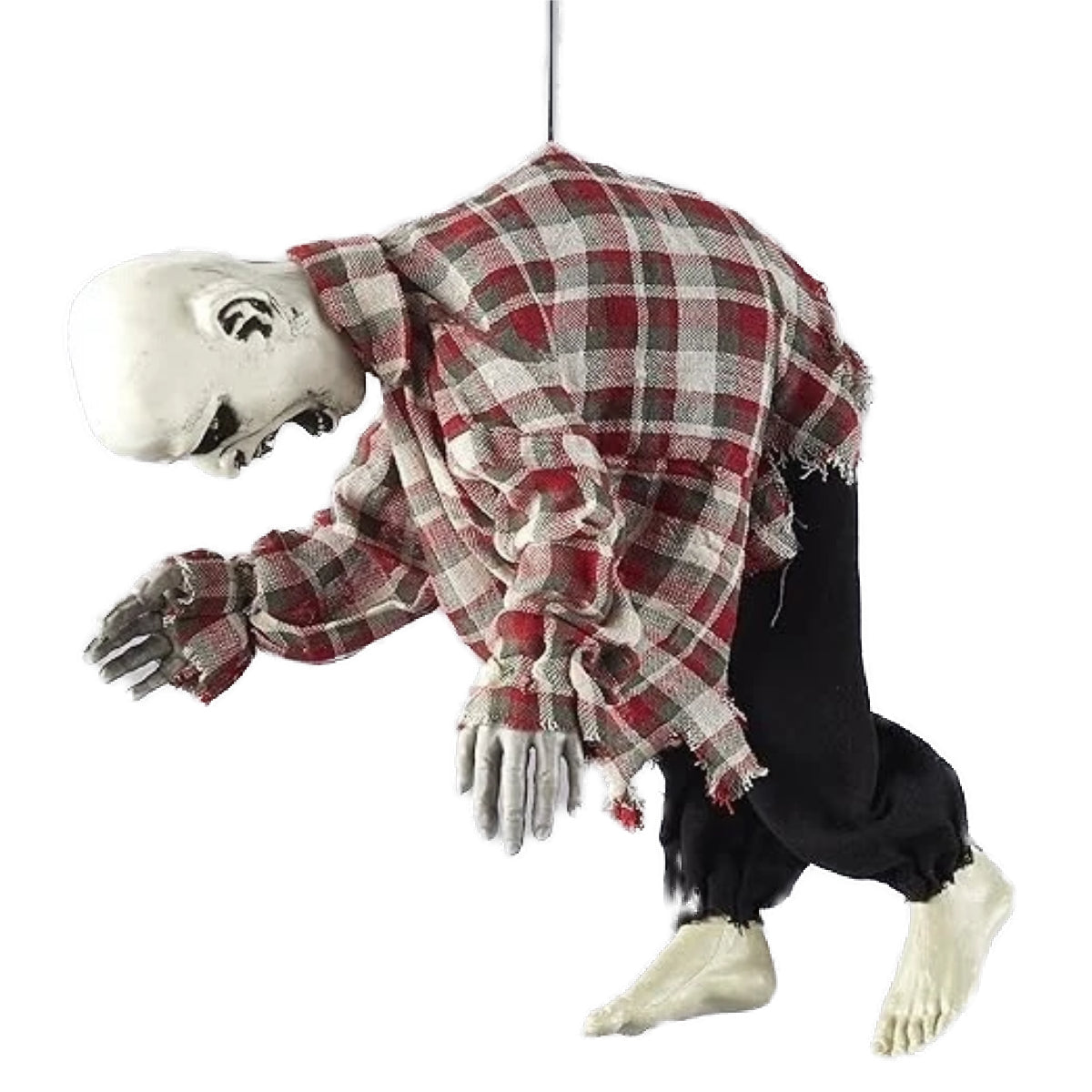 Den hängande zombien sedd från sidan, vilket visar dess framåtlutade, hotfulla position.