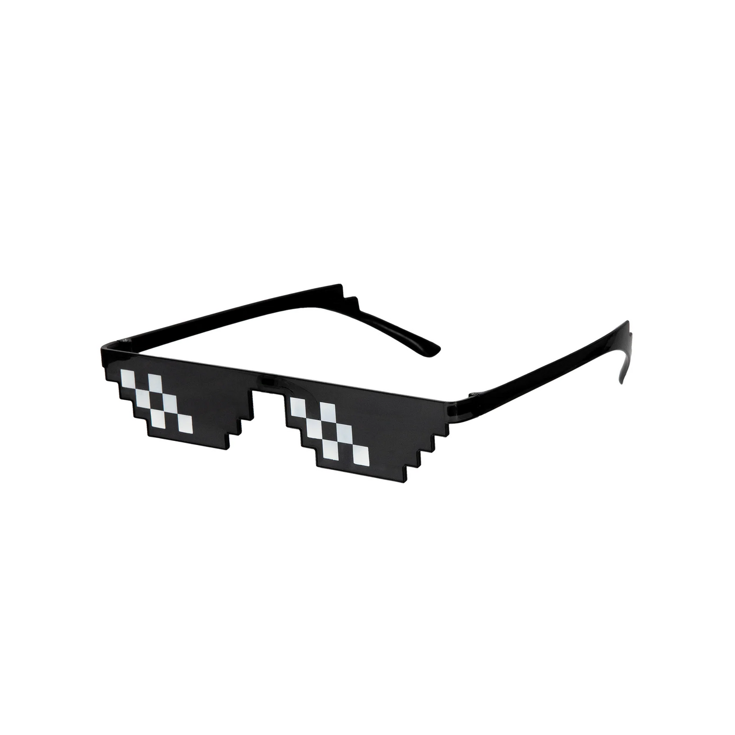 Smala svarta pixelglasögon visas från sidan med kantig båge och vita pixelrutor mot vit bakgrund.