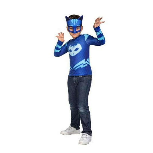 Ett barn poserar som hjälten Kattpojken (Catboy) från PJ Masks, klädd i den blå tröjan och den ikoniska kattmasken.