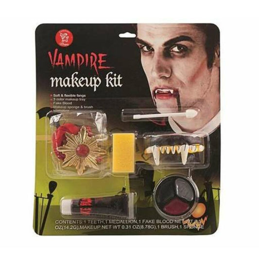 Sminkset med vampyrtänder, fejkblod, sminkfärger, applikatorer och medaljong – perfekt för halloween.