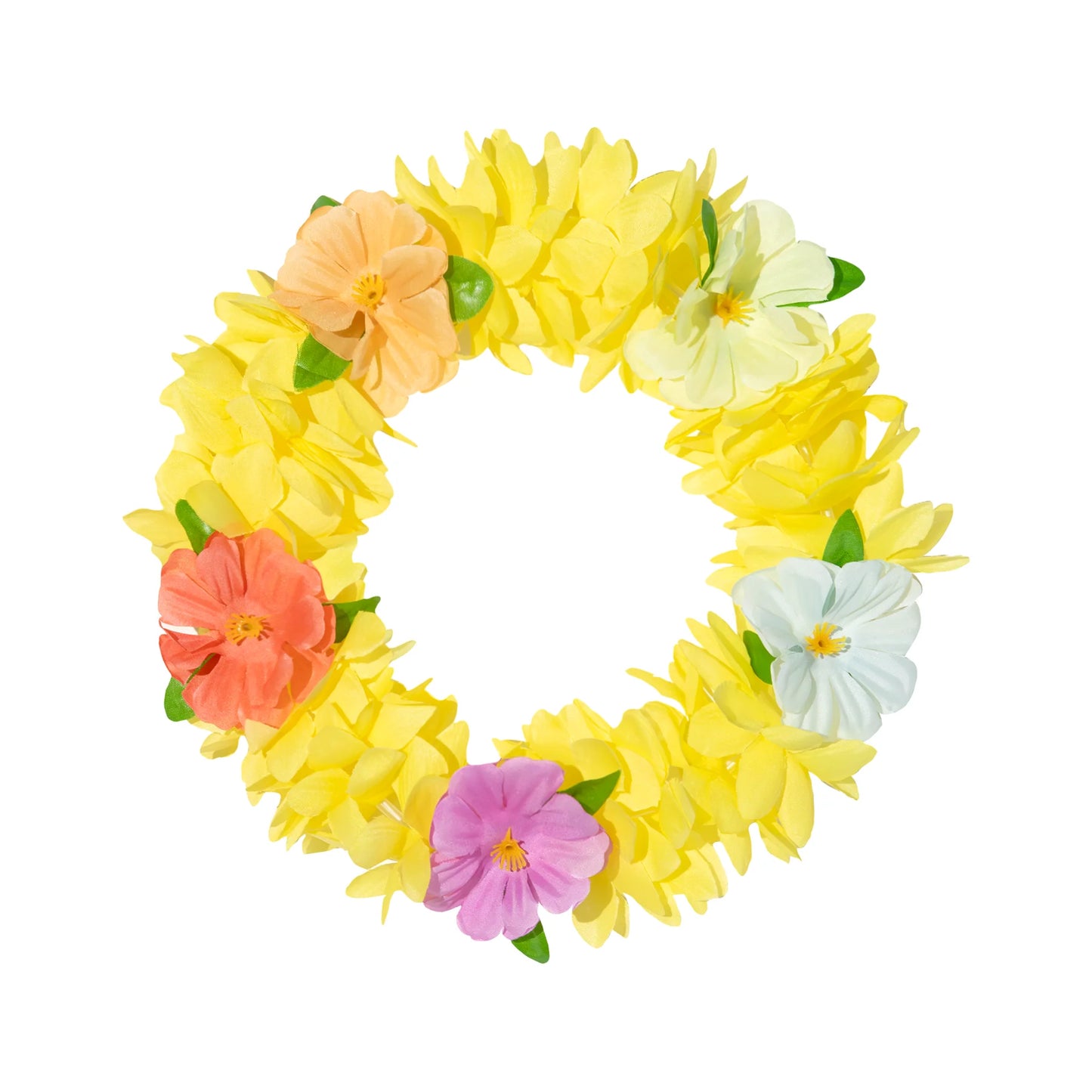En gul blomsterkrans med elastiskt pannband och dekorativa tygblommor i rosa, vitt, aprikos och korall visas i rund form mot vit bakgrund.