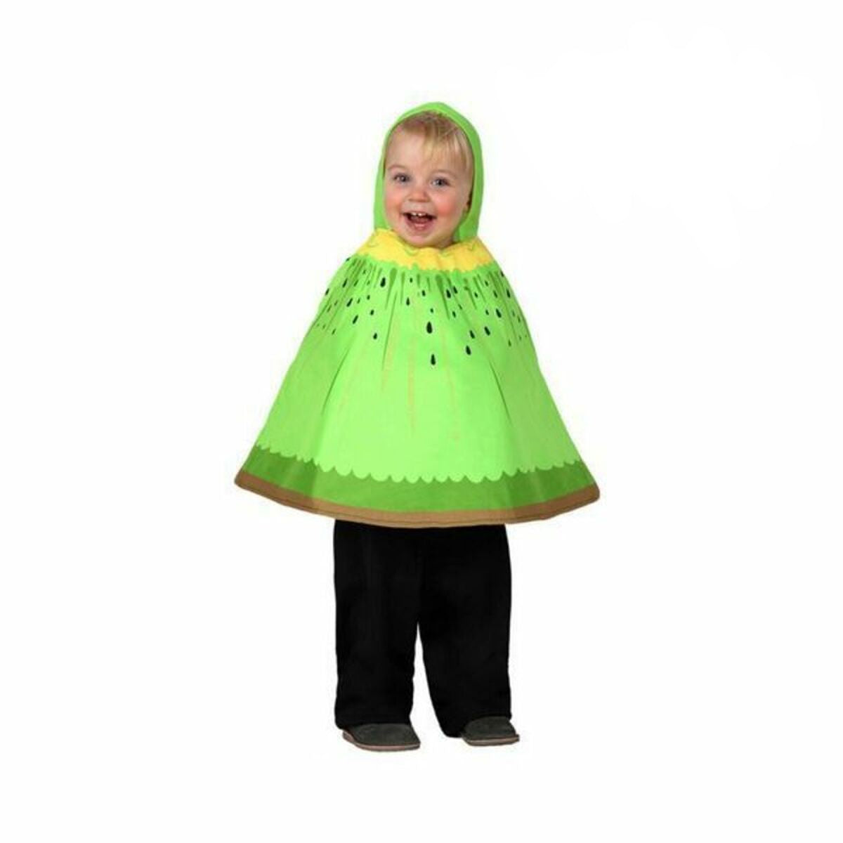Ett litet, leende barn poserar i en Söt Kiwi Poncho Barndräkt med en grön huva.