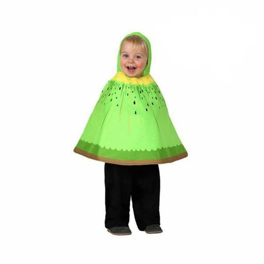 Ett litet, leende barn poserar i en Söt Kiwi Poncho Barndräkt med en grön huva.