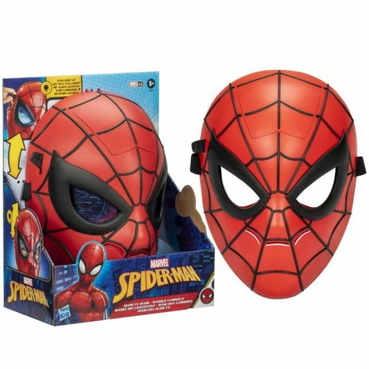 En bild som visar både den officiella Spider-Man-masken och dess förpackning bredvid varandra.