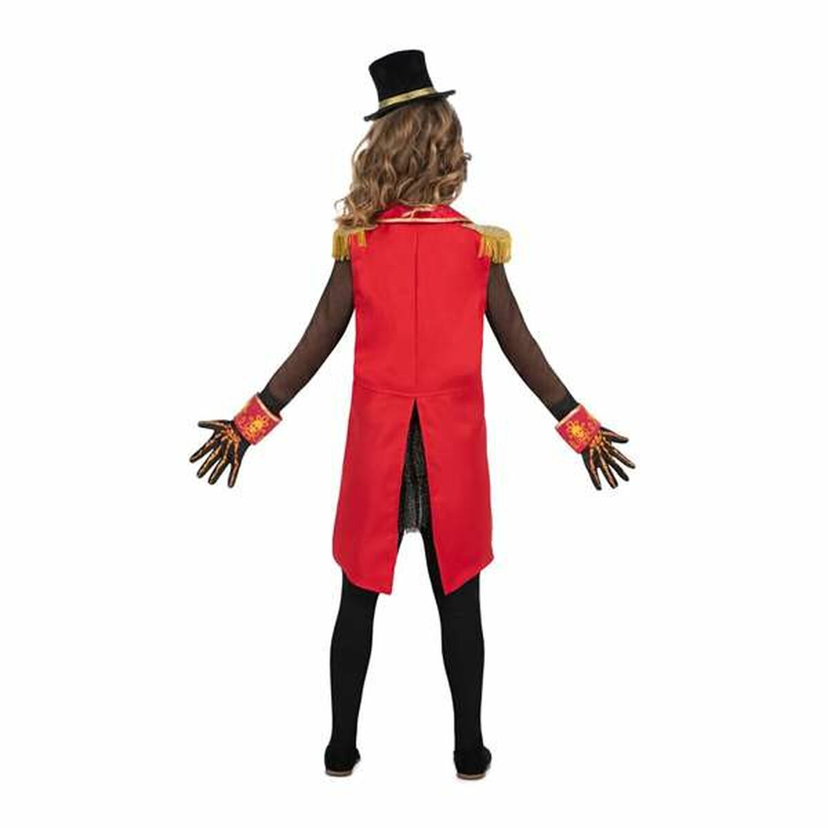 En flicka sedd bakifrån, som visar baksidan av den eleganta röda rocken och den svarta tyllkjolen.