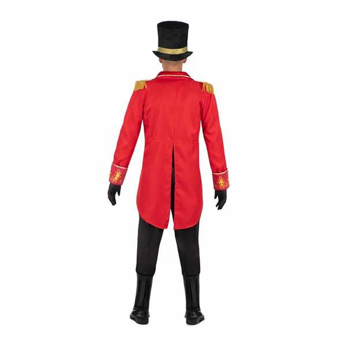 En man sedd bakifrån, som visar baksidan av den eleganta röda rocken och de svarta byxorna.