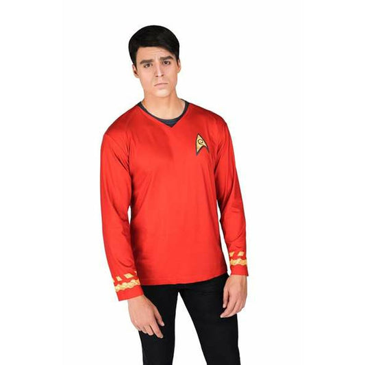 En man poserar i en röd, långärmad Star Trek-tröja med Starfleet-insignia på bröstet, föreställande karaktären Scotty.