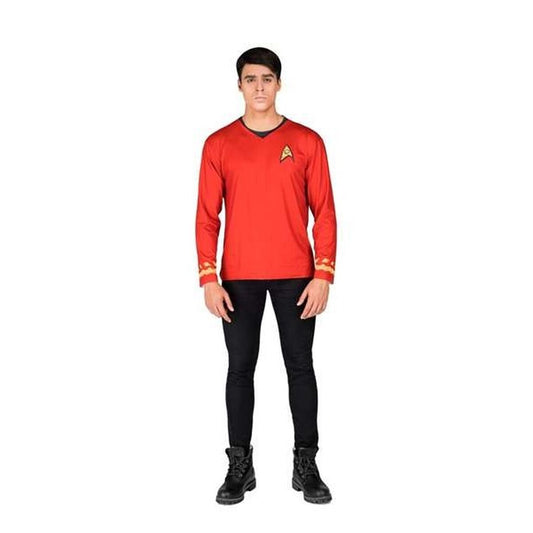 En man klädd i den röda Scotty-tröjan från Star Trek, svarta byxor och kängor.