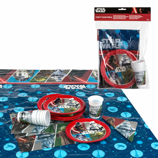 Star Wars-kalaspaketet uppdukat på den medföljande blå plastduken med Star Wars-logotypen.