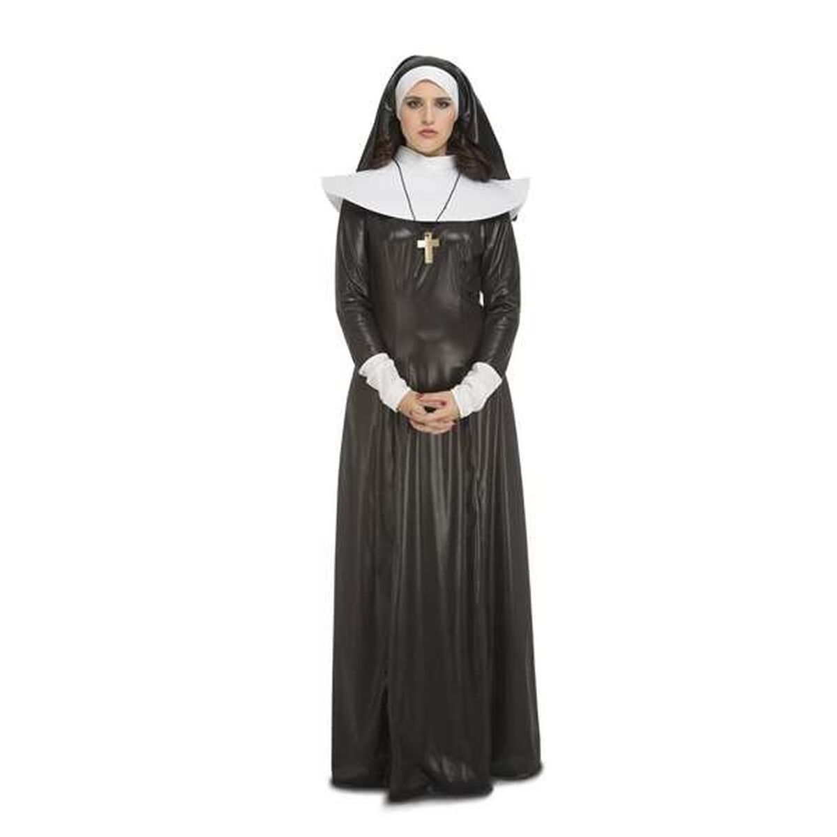 En kvinna poserar i en hellång, Ståtlig Abbedissa Nunnedräkt i plus size, med en stor vit krage och huvudbonad.