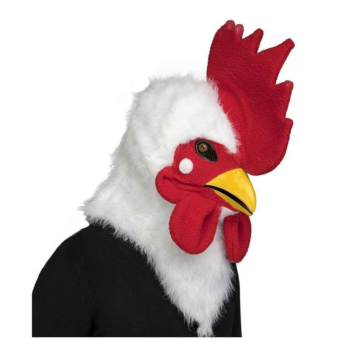 En person bär en Ståtlig Tuppmask i vitt och rött, med en stor tuppkam och en rörlig käke.