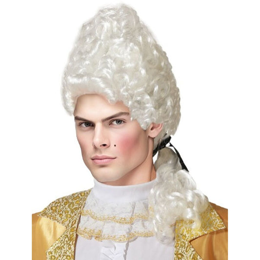 En man med en allvarlig blick bär en hög och elegant, vit barockperuk med lockar och en hästsvans knuten med ett svart band.