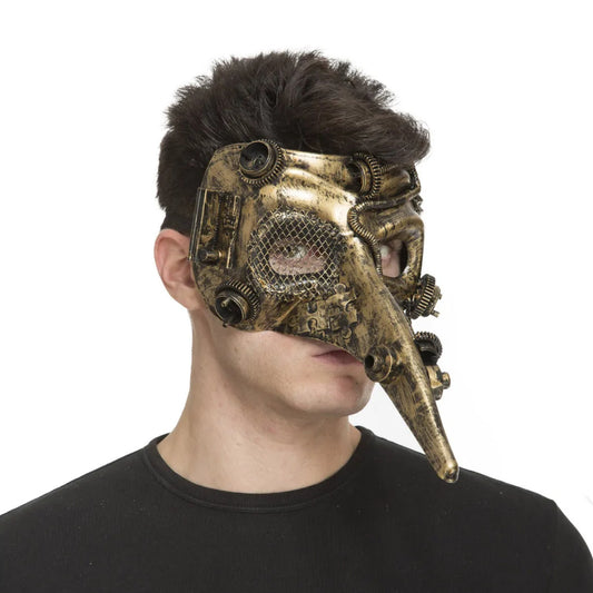 Man med en bronsfärgad steampunkmask i pestdoktorstil med nät över ögonen, kugghjul och lång näbb – perfekt för maskerad eller halloween.