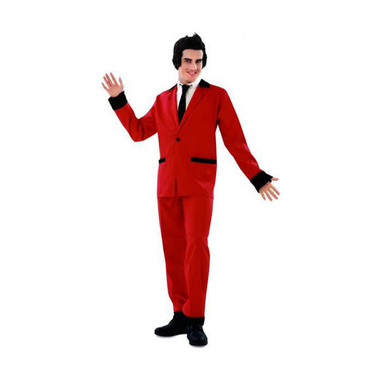 En man som vinkar glatt, klädd i en stilren röd rockabilly-kostym med svarta detaljer och en svart slips, redo för 50-talsfest.