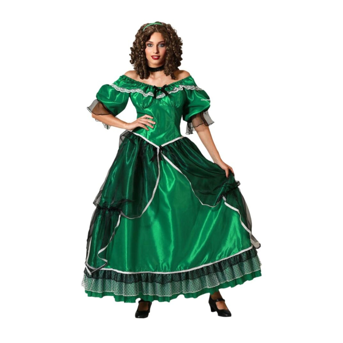 En kvinna poserar framifrån i en Storslagen Smaragdgrön Sydstatsklänning med puffärmar och svarta spetsdetaljer.