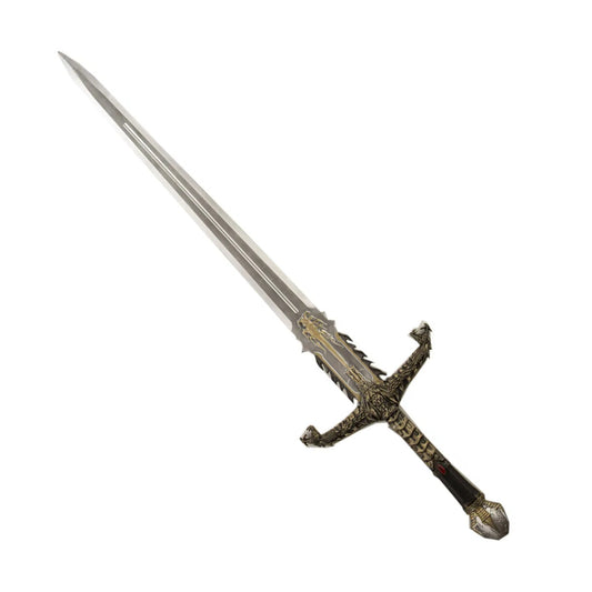 Ett långt, Storslaget Drakriddarsvärd i skummaterial, med ett silverfärgat blad och ett intrikat, drakformat fäste.