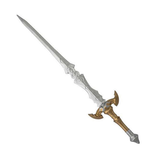 Ett Storslaget Gyllene Fantasy-Svärd i plast med ett detaljerat, silverfärgat blad och ett utsmyckat, guldfärgat fäste.