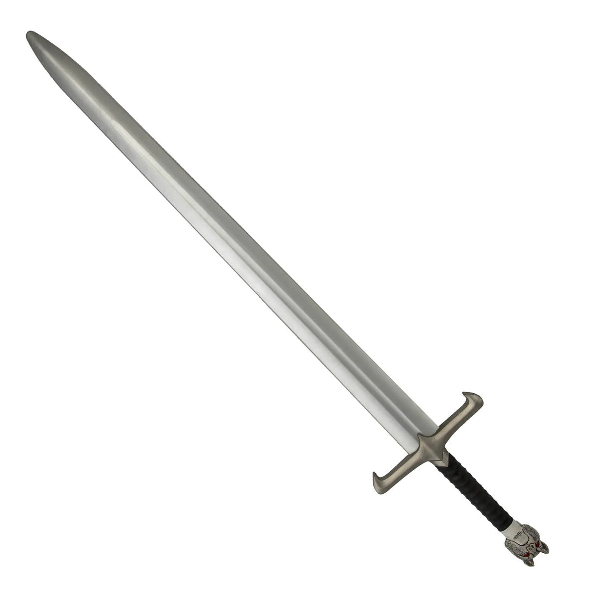 Ett långt, Storslaget Nordiskt Vargsvärd i skummaterial, med ett silverfärgat blad och ett fäste med ett varg-huvud.