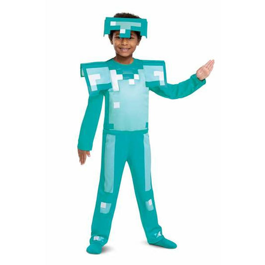 Ett leende barn poserar i en komplett, officiell Minecraft Diamantrustning-dräkt, bestående av en pixlig turkos jumpsuit med vadderad rustning och en matchande hjälm.