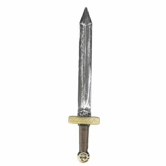 Ett Stridsklart Romerskt Gladiatorsvärd i plast med ett slitet, silverfärgat blad och ett guldfärgat fäste.