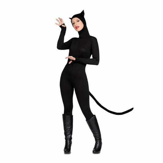 En kvinna poserar i en Svart Catsuit med en huva med kattöron och en lång svans.